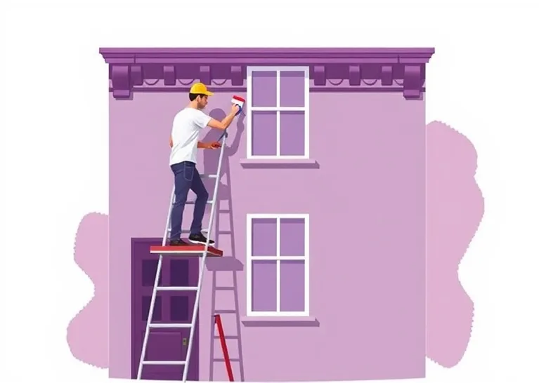 Peintre sur échafaudage traitant la façade d'une maison