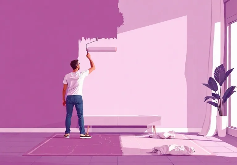 Peintre appliquant la peinture au rouleau sur un mur de salon